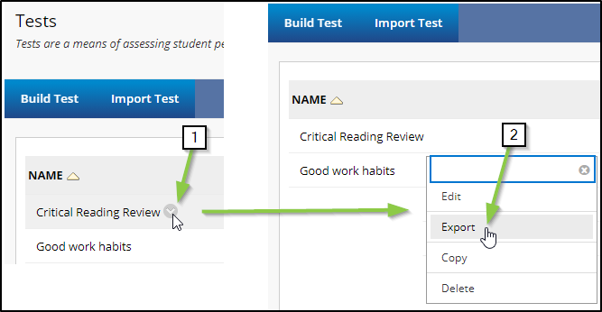 arrows show the steps to export a test